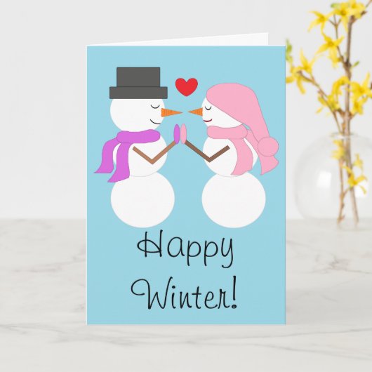 Liefde & Sneeuwmensen: Gelukkig Winter Kaart (Gele Bloem)