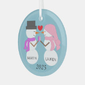 Liefde & Sneeuwmensen: Lichtblauw Glas Ornament (Voorkant links)