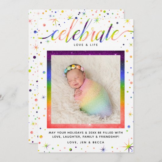 Liefde + Sneeuwvlokken vieren | Regenboog + LGBT Feestdagenkaart (Voorkant / Achterkant)