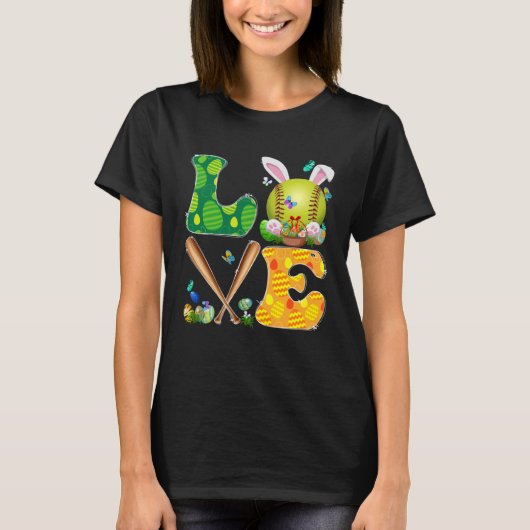 Liefde Softball Ball & Bats Bunny Ears Paasdag Bo T-shirt (Voorkant)