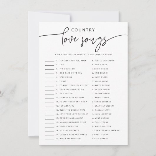 Liefde Song Match Vrijgezellenfeest Spel Activitei Kaart (Voorkant)