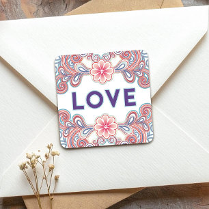 Liefde stickers met  paarse bloemen