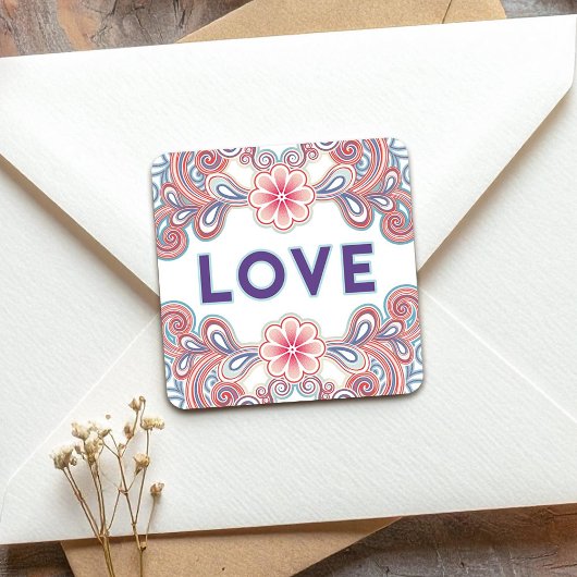 Liefde stickers met  paarse bloemen
