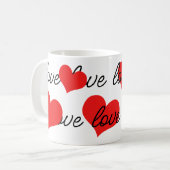 Liefde tekst en rode harten koffiemok (Voorkant links)