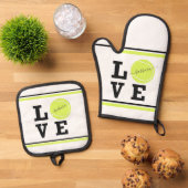 Liefde Tennisbal Gepersonaliseerde Naam Oven Mitt  Ovenwant & Pannenlap Set (Top down)