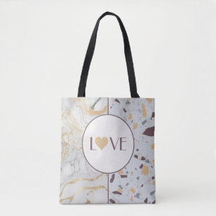 Liefde Terrazzo Marmer met Gouden Hart Aangepaste Tote Bag