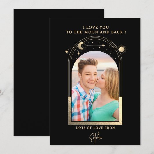 Liefde tot aan de maan Foto Celestiaal Zwart Goud Feestdagenkaart (Voorkant / Achterkant)
