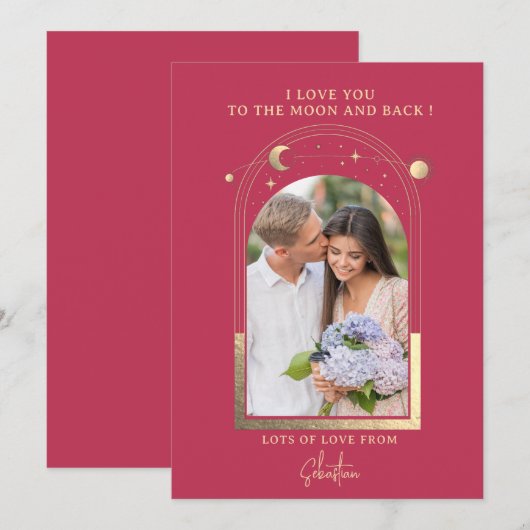 Liefde tot aan de maan Foto Hemels Magenta Goud Feestdagenkaart (Voorkant / Achterkant)