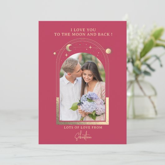 Liefde tot aan de maan Foto Hemels Magenta Goud Feestdagenkaart (Staand voorkant)
