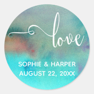 Liefde Typografie, Kleurrijke Abstracte Aquarel Wa Ronde Sticker