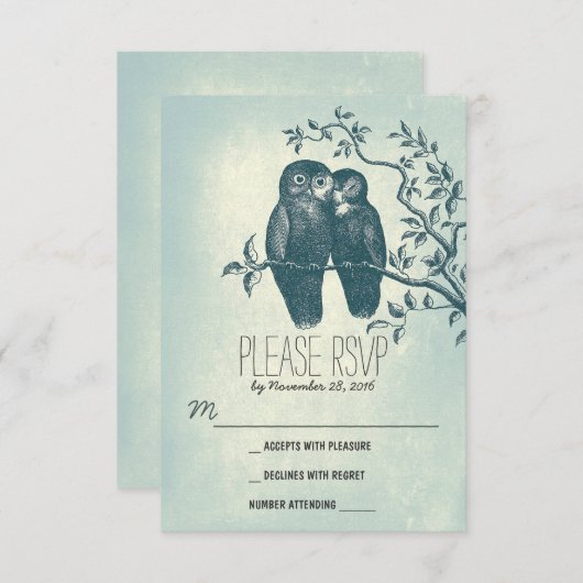 liefde uilen lieve en schattige bruiloft RSVP kaar (Voorkant / Achterkant)