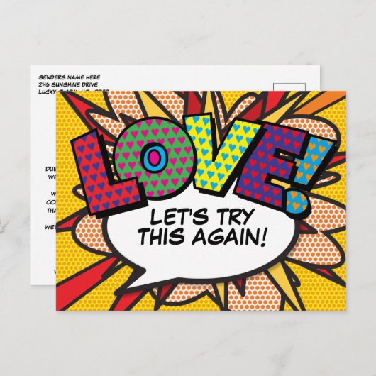 LIEFDE Uitgesteld Datum Gewijzigd Comic Book Pop A Aankondigingskaart (Voorkant / Achterkant)