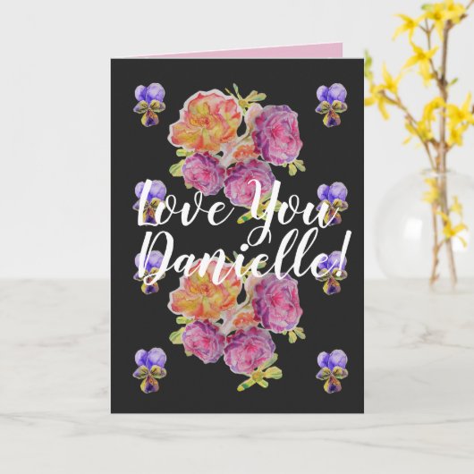 Liefde uw vrouw noemt roze rozen Waterverf Kaart (Gele Bloem)