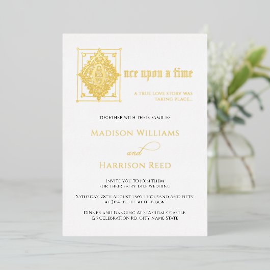 Liefde verhaal eens op een tijd weduwschap goud folie uitnodiging (Staand Voorkant)