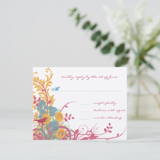 LIEFDE Vogel Bloemen Roze en Blauw Bruiloft RSVP Kaartje (Staand voorkant)