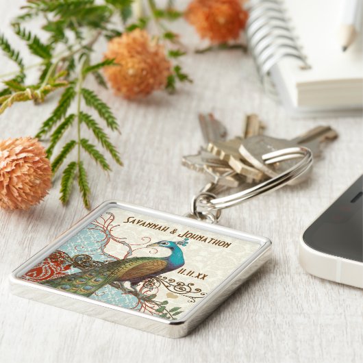  Liefde Vogel Peacock Damask Bruiloft Sleutelhange Sleutelhanger (Zijkant)