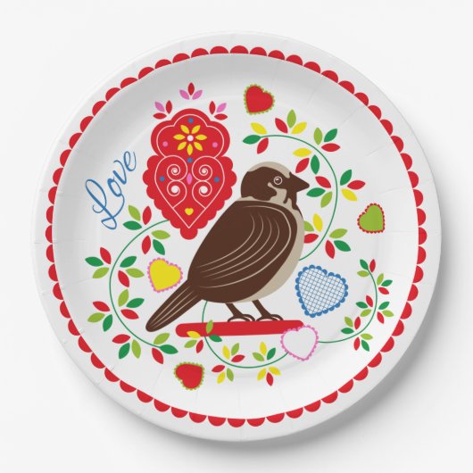 Liefde vogelborduurster papieren bordje (Voorkant)