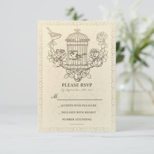 liefde vogels kooi bruiloft RSVP kaarten (Staand voorkant)