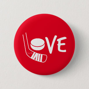 Liefde voor Hockey Geschreven Sticks en Puck Rood Ronde Button 5,7 Cm