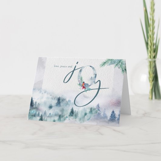 Liefde Vrede en Joy Waterverf Misty Pine Forest Feestdagen Kaart (Voorkant)