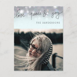 Liefde Vrede en vreugde Bokeh script Moderne foto Feestdagenkaart