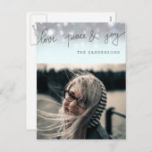 Liefde Vrede en vreugde Bokeh script Moderne foto Feestdagenkaart (Voorkant / Achterkant)