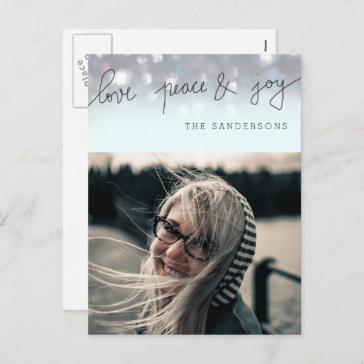 Liefde Vrede en vreugde Bokeh script Moderne foto Feestdagenkaart (Voorkant / Achterkant)