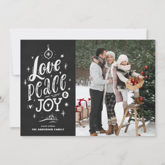 Liefde Vrede en Vreugde Chalkboard Kerstmis Foto Feestdagenkaart (Voorkant)
