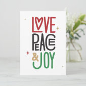 Liefde, vrede en vreugde feestdagenkaart (Staand voorkant)