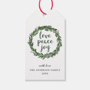 Liefde Vrede en vreugde. Kerst Vakantie bloemenkra Cadeaulabel