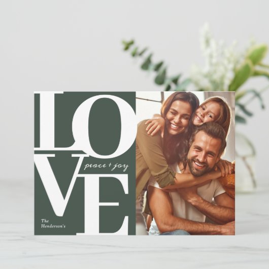 Liefde, Vrede en Vreugde Kerstmis Groene Familie F Feestdagenkaart (Staand voorkant)