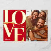 Liefde, Vrede en Vreugde Kerstmis Rood Familie Fot Folie Feestdagenkaart (Voorkant)