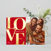 Liefde, Vrede en Vreugde Kerstmis Rood Familie Fot Folie Feestdagenkaart (Staand Voorkant)