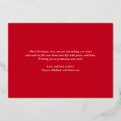 Liefde, Vrede en Vreugde Kerstmis Rood Familie Fot Folie Feestdagenkaart (Achterkant)