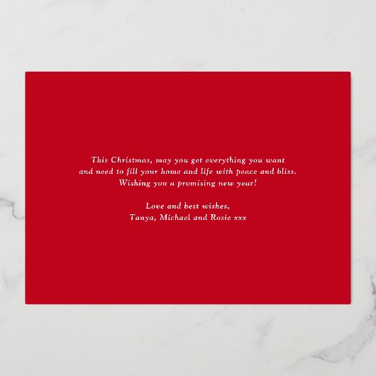 Liefde, Vrede en Vreugde Kerstmis Rood Familie Fot Folie Feestdagenkaart (Achterkant)