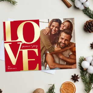 Liefde, Vrede en Vreugde Kerstmis Rood Familie Fot Folie Feestdagenkaart