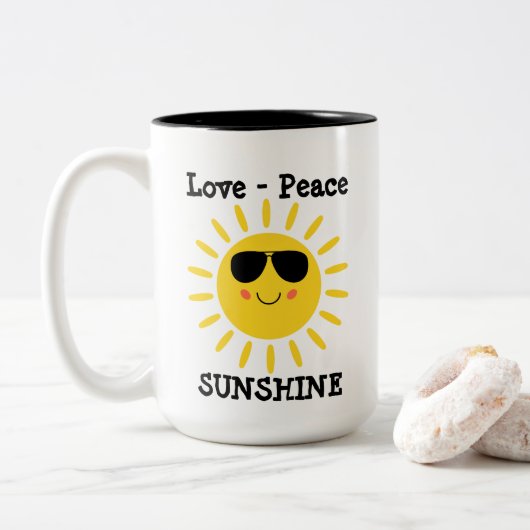 Liefde Vrede en Zonneschijn Tweekleurige Koffiemok (Met donut)
