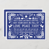 Liefde, Vrede, Joy papel picado blauw kerstfeest Feestdagenkaart (Voorkant / Achterkant)