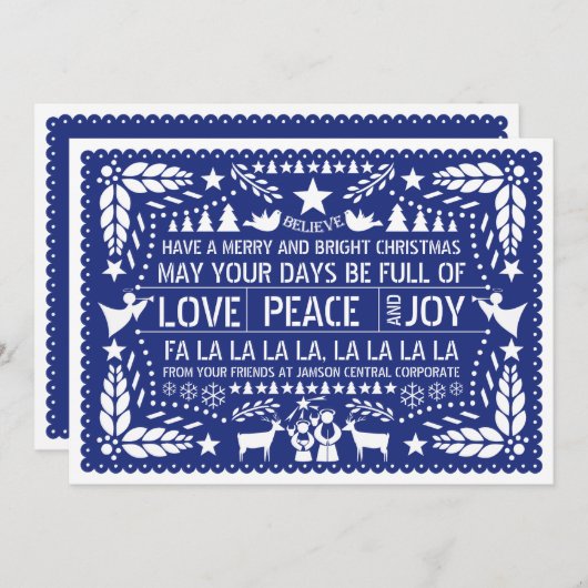Liefde, Vrede, Joy papel picado blauw kerstfeest Feestdagenkaart (Voorkant / Achterkant)
