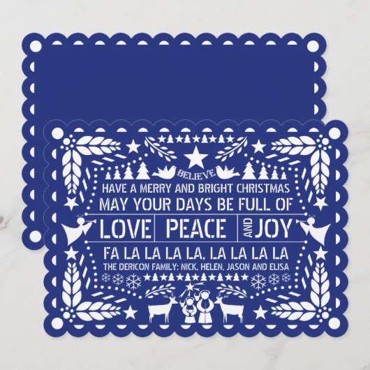 Liefde vrede, Joy papel picado blauw Kerstfeest Feestdagenkaart (Voorkant / Achterkant)