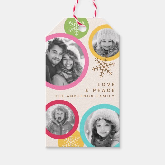 Liefde vrede sneeuwvlokken kleurrijke foto vakanti cadeaulabel (Voorkant)