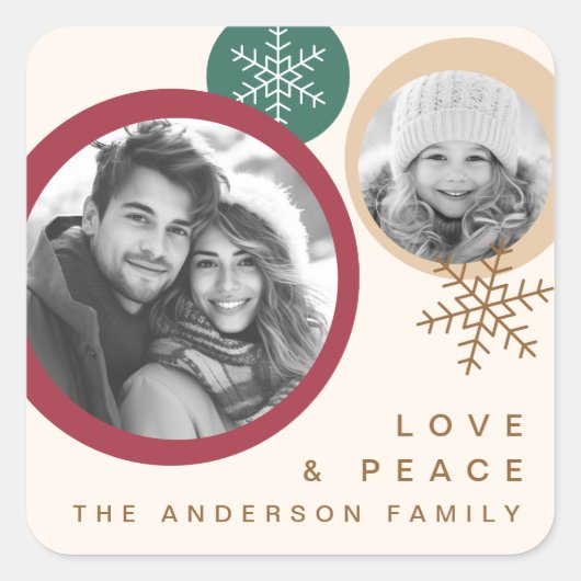 Liefde vrede sneeuwvlokken rood groen foto vakanti vierkante sticker (Voorkant)