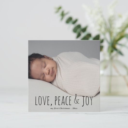 Liefde Vrede & vreugde | Eerste kerst Baby foto Feestdagenkaart (Staand voorkant)