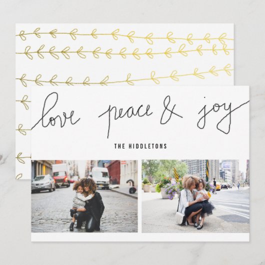 Liefde Vrede Vreugde Modern Vakantie Schrift Twee  Feestdagenkaart (Voorkant / Achterkant)