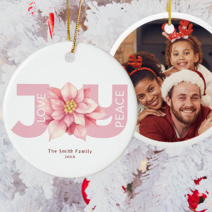Liefde Vrede Vreugde Roze Poinsettia Kerstmis Foto Keramisch Ornament