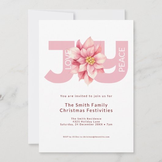 Liefde Vrede Vreugde Roze Poinsettia Kerstmis Kaart (Voorkant)