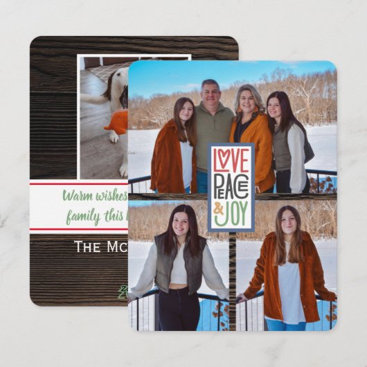 Liefde Vrede & Vreugde (voeg je foto's toe) Rustic Feestdagenkaart (Voorkant / Achterkant)