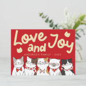 Liefde & vreugde moderne grappige cute katten caro feestdagenkaart (Staand voorkant)