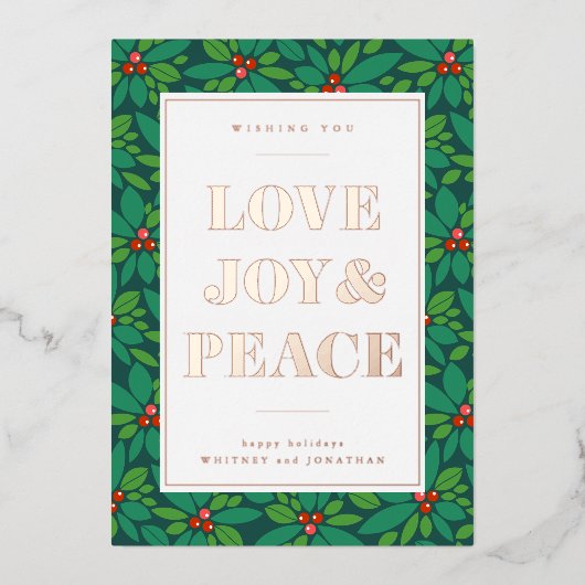 LIEFDE VREUGDE & VREDE | Voeg uw foto toe Folie Feestdagenkaart (Voorkant)