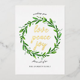 Liefde vreugde. Waterverf kerstflorale goud Folie Feestdagenkaart